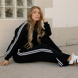 Fiery Red Varsity Striped Detail Crewneck Pullover Elastic Sweatpants 2pcs Outfit