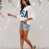 All American USA Graphic Half Sleeve Loose Ribbed Top - White