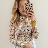 Ophelia Retro Floral Print Mock Neck Mesh Long Sleeve Top - Black