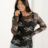 Serenity Bow Print Long Sleeve Mesh Top