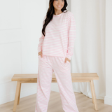 Thea Stripe Drop Shoulder Round Neck Top and Buttoned Straight Pants Two Piece Set