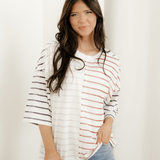 Danna Stripe Colorblock 3/4 Sleeve Loose T Shirt