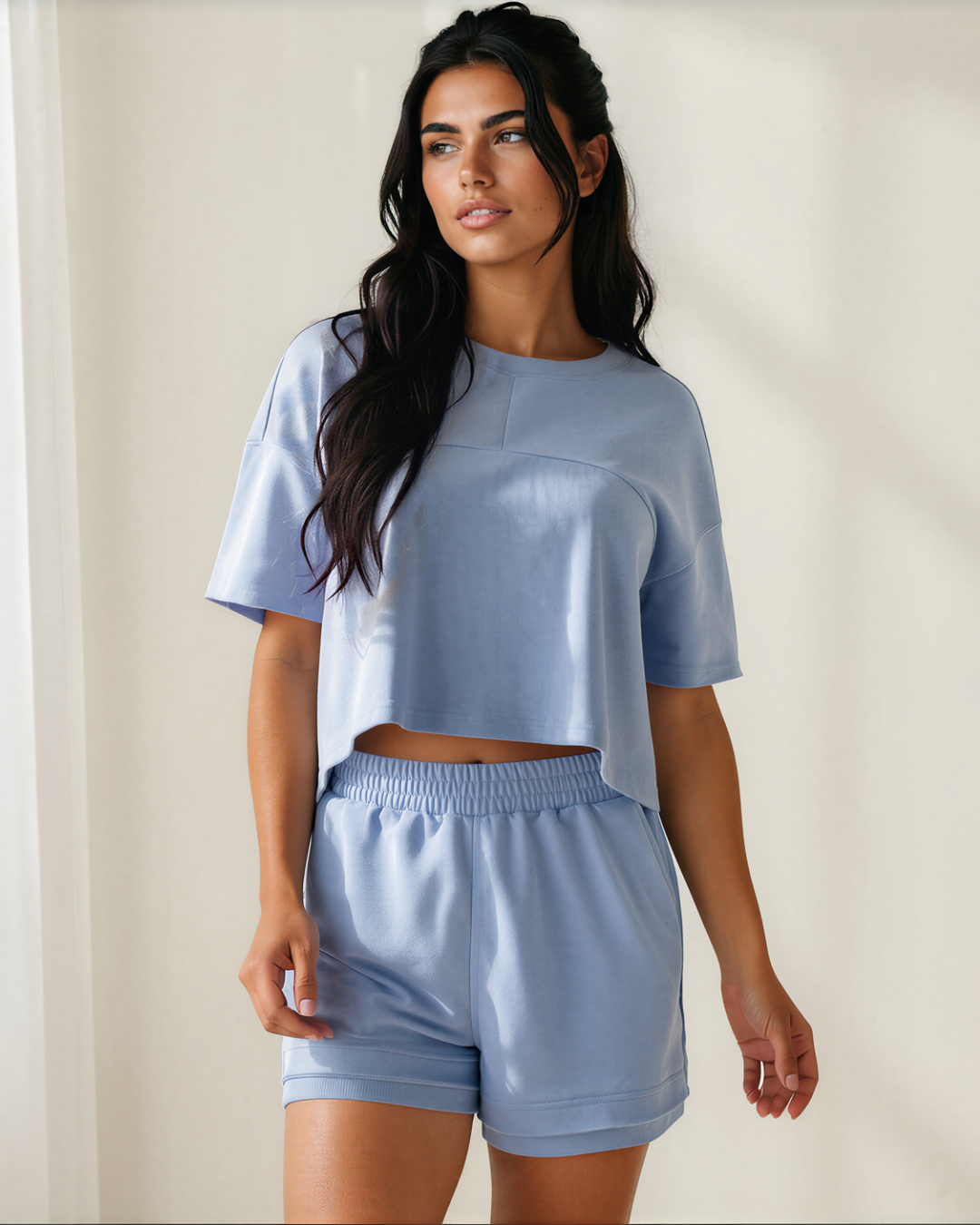 Brooke Solid Color Contrast Textured Patchwork Raw Edge 2pcs Short Set