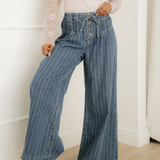 Cora Stripe Button Pleated Drawstring Waist Casual Wide Leg Jeans