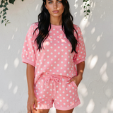 Sunday Slowdown Set Polka Dot Oversized Top Drawstring Short Set - Pink