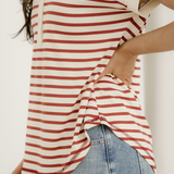 Maisie Stripe Half Buttons Round Neck T Shirt - Red