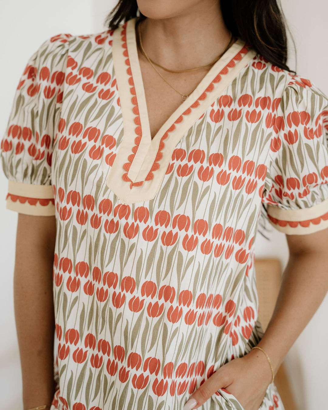 Malia Tulip Floral Print Cotton Puff Short Sleeve Mini Dress