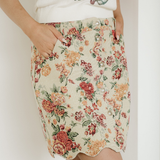 Buttoned Front Floral Scalloped Trim Mini Jacquard Floral Skirt