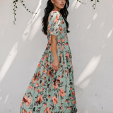 Haisley Floral Print Frilled V Neck Short Sleeve Maxi Dress - Green