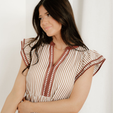 Nyla Double Ruffled Short Sleeve Contrast Trim V Neck Midi Dress - Brown