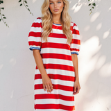 Coast to Coast Contrast Trim Round Neck Short Puff Sleeve Shift Mini Dress - Red
