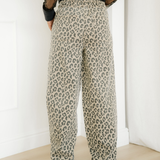 Leopard Print Drawstring Elastic Waist Loose Denim Pants with Pockets