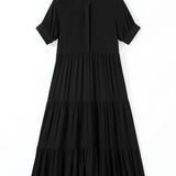 Selah Hidden Buttons Short Sleeve Ruffle Tiered Long Flared Dress