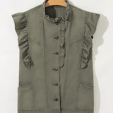 PREORDER Margot Ruffle Plain Denim Jacket Vest - Green | Dropship