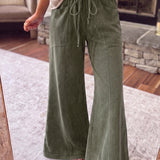 Jungle Green Mineral Wash Seam Detail Flare Leg Drawstring Pants
