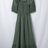Daisy Plaid Square Neck Shirred High Waist Ruffle Hem Dress