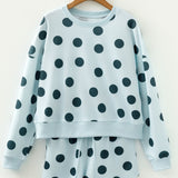 Kaylee Polka Dot Print Drop Shoulder Pullover Drawstring Shorts Set - Blue