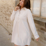 Abigail Corduroy Half Button Collared Long Sleeve Dress - Oatmeal | Dropship