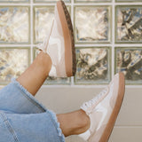 PREORDER Emily Oatmeal Contrast Lace Up Round Toe Sneakers | Dropship