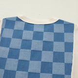 Maia Checkered Denim Patchwork Short Sleeve Loose Top