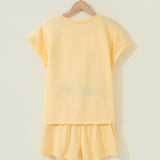 Yellow Eyelet Lace Patchwork Sleeve Short 2pcs Outfit