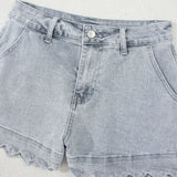 Scalloped Hemline Light Wash Denim Shorts - Dusk Blue