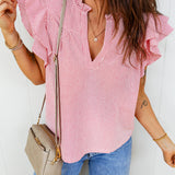 Lauren Stripe Frilly Split Neck Double Ruffled Short Sleeve Blouse