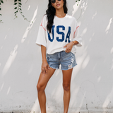 All American USA Graphic Half Sleeve Loose Ribbed Top - White