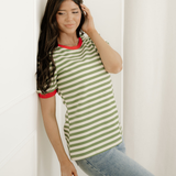 Kimberly Stripe Short Puff Sleeve Contrast Trim Round Neck Tee - Green