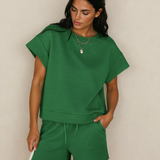 Astrid Textured Short Sleeve Top and Shorts Set - Green