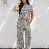 Feel Good Set Leopard Print Casual Tee and Pants 2pcs Outfit - Beige