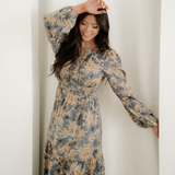 Brianna Floral Print Smocked High Waist Long Sleeve Maxi Dress - Blue