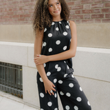 Paris Polka Dot Print Pleated Round Neck Tank Wide Leg Two-Piece Outfit