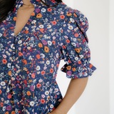 Serena Wild Daisy Floral Split Neck Short Puff Sleeve Mini Dress