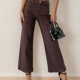 Elsie Solid Color Seamed Center Wide Leg Cropped Jeans - Red Sandalwood | Dropship