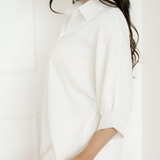 Wrenlee Plain 3/4 Batwing Sleeve Oversize Button Up Blouse - White