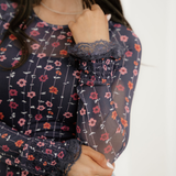 Samantha Floral Print Smocked Cuff Slim Fit Mesh Bodysuit