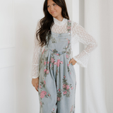 Scottie Floral Print Pleated High Waist Wide Leg Denim Jumpsuit