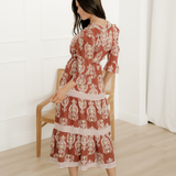 Harmony Floral Print Belted Striped Trim Tiered Maxi Dress