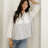 Morgan Half Button Gauze Patchwork Bracelet Sleeve Babydoll Blouse