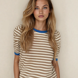 PREORDER Kimberly Stripe Short Puff Sleeve Contrast Trim Round Neck Tee - Brown | Dropship