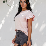 Vienna Twilled Print Lace Trim Ruffled Short Sleeve Blouse - Pink