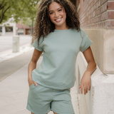 Astrid Textured Short Sleeve Top and Shorts Set - Seafoam