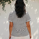 Collette Stripe Scalloped Trim Round Neck T Shirt - Black