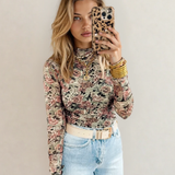 Ophelia Retro Floral Print Mock Neck Mesh Long Sleeve Top - Black