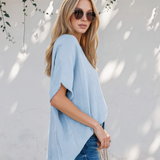 Capri Frayed Batwing Sleeve Textured Cotton Blouse - Blue