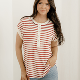 Maisie Stripe Half Buttons Round Neck T Shirt - Red