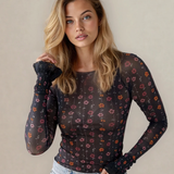 Samantha Floral Print Smocked Cuff Slim Fit Mesh Bodysuit