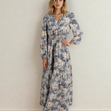 PREORDER Brianna Floral Print Smocked High Waist Long Sleeve Maxi Dress - Blue | Dropship