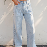 Baylor Studded Side Slit Leg Frayed Pocketed Wide Leg Jeans - Light Wash